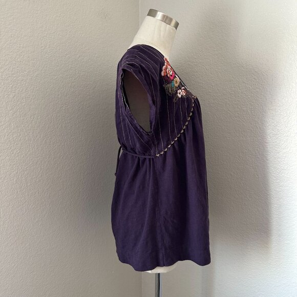 Vintage Anthropologie Scoop Neck Blouse Pintuck Floral Embroidered Cap Sleeve Co - Picture 5 of 9